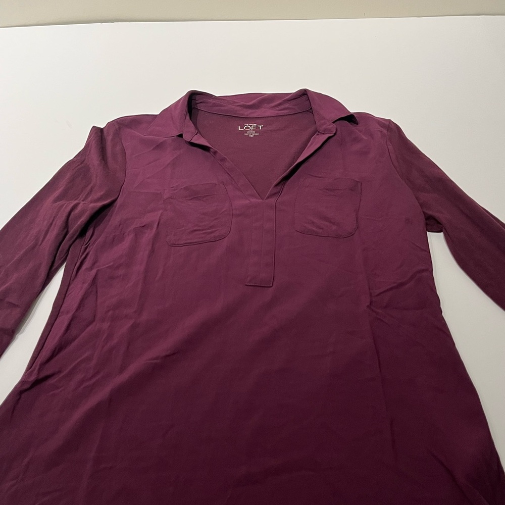 LOFT purple Fitted Long Sleeve Polo Blouse